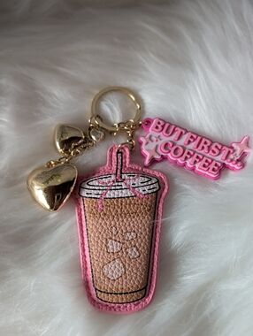 Pink Coffee Cup Keychain with Gold Hearts - But First Coffee Charm
